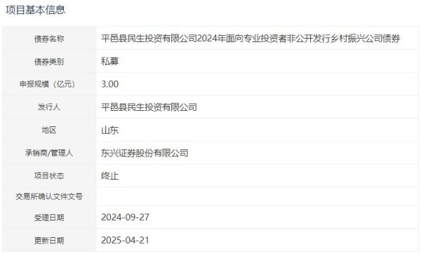汇盈配资 平邑县民生投资有限公司3亿元乡村振兴公司债终止审核